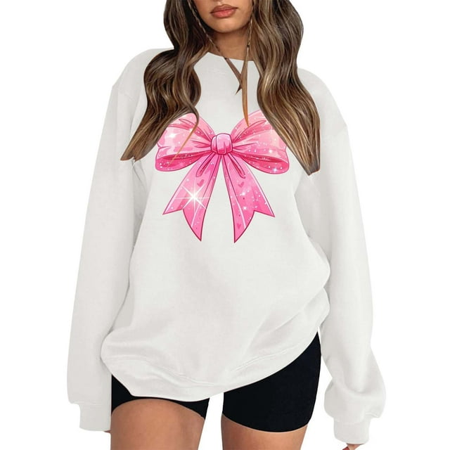 Bow Print Crew Neck Long Sleeve Hoodie For Women Stylish Pullover Sweatshirt Fall Sweatshirt Athletic Sweatshirt Women Sweatshirt Womens Cute Sweatshirts Drawstring Jacket Comfy Womens Sweatshirts