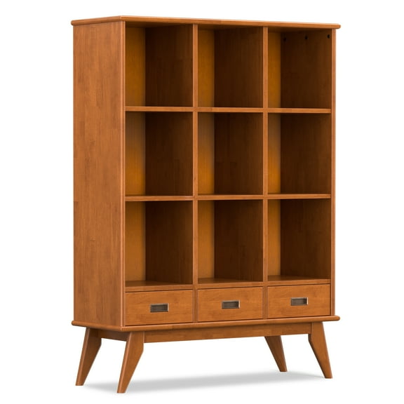 Simpli Home Draper 42 inch Wide Solid Hardwood Mid-Century Storage Bookcase in Teak Brown