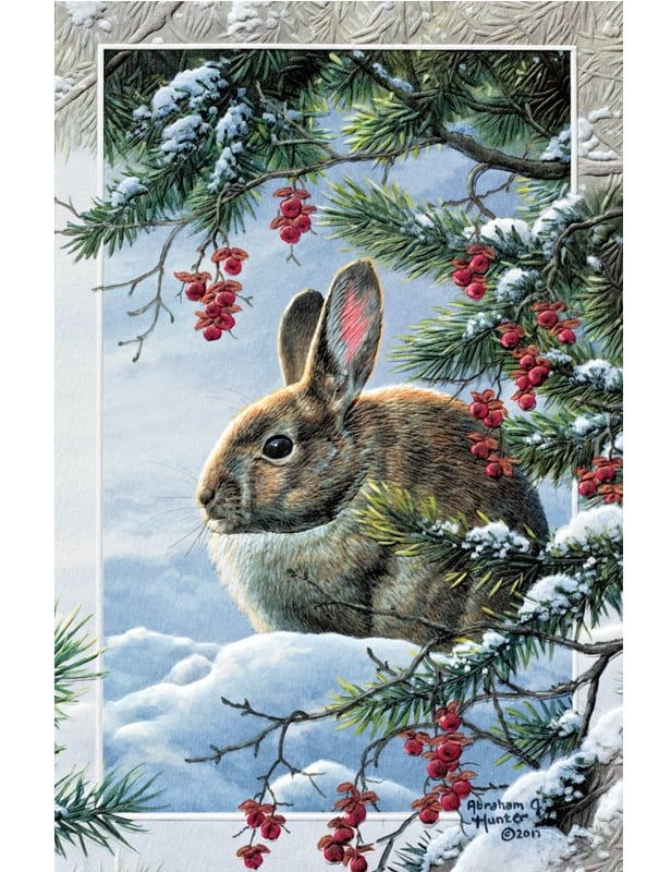 Set of 16 Bunny in the Snow Beneath a Berry Tree Christmas Greeting