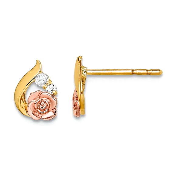 14k Solid Gold Two-tone Cubic Zirconia Flower Post Earrings 8mm long Stud Earring for Women