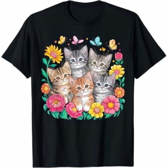 Cat Colorful Kittens Floral Cat T-Shirt