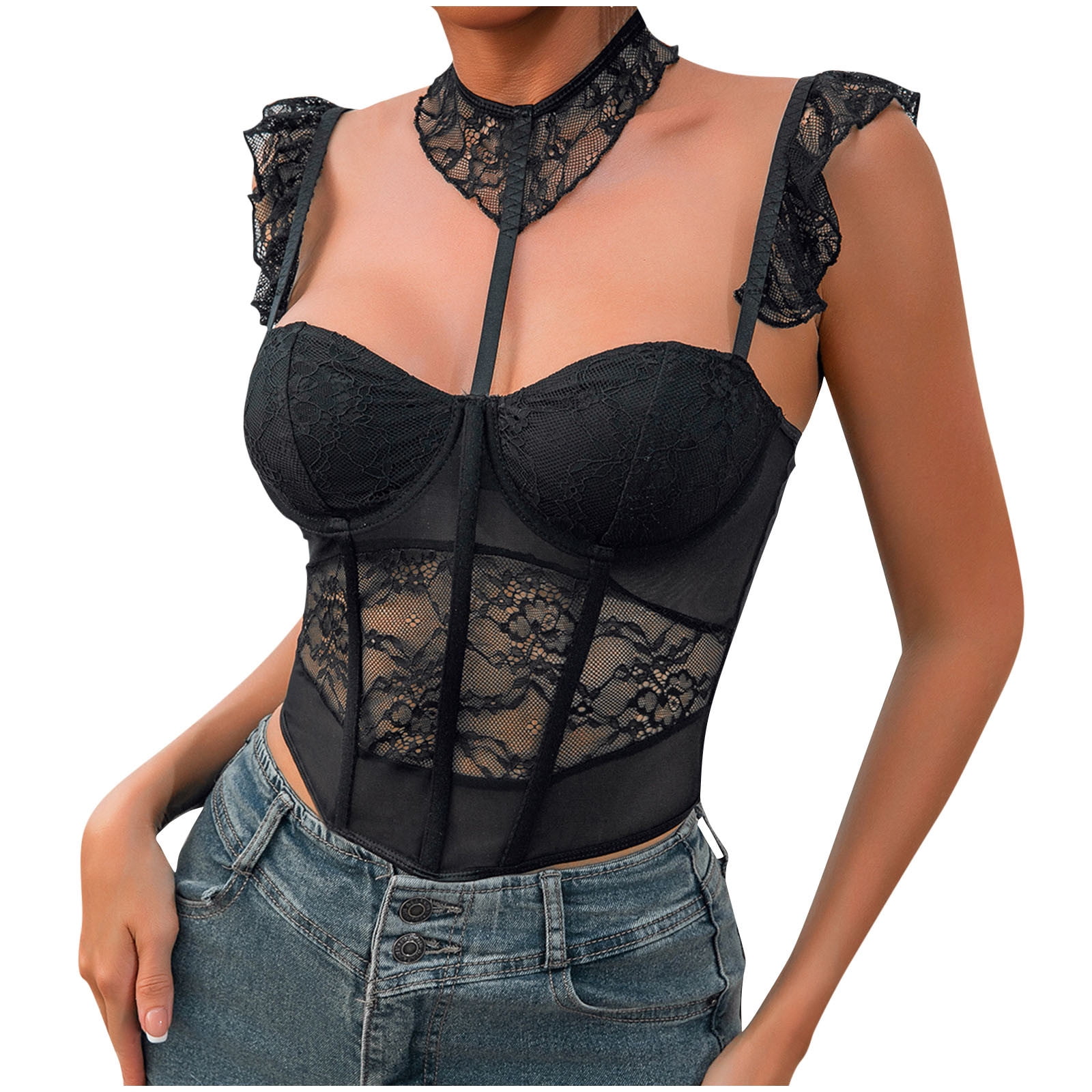 SOLY HUX Women's Lace Trim Crop Halter Top - Ruched, Tie Back, Sleeveless Y2K Party Top