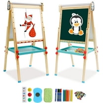 Kids Easel with Paper Roll Double-Sided Whiteboard & Chalkboard Standing Easel with Numbers and Other Accessories for Kids and Toddlers (Penguin)
