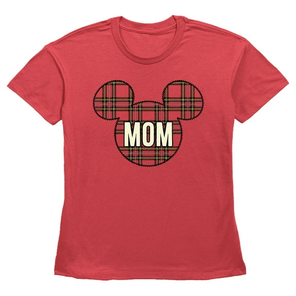 Women's Mickey & Friends Mom Plaid Logo Graphic Tee Red X Small