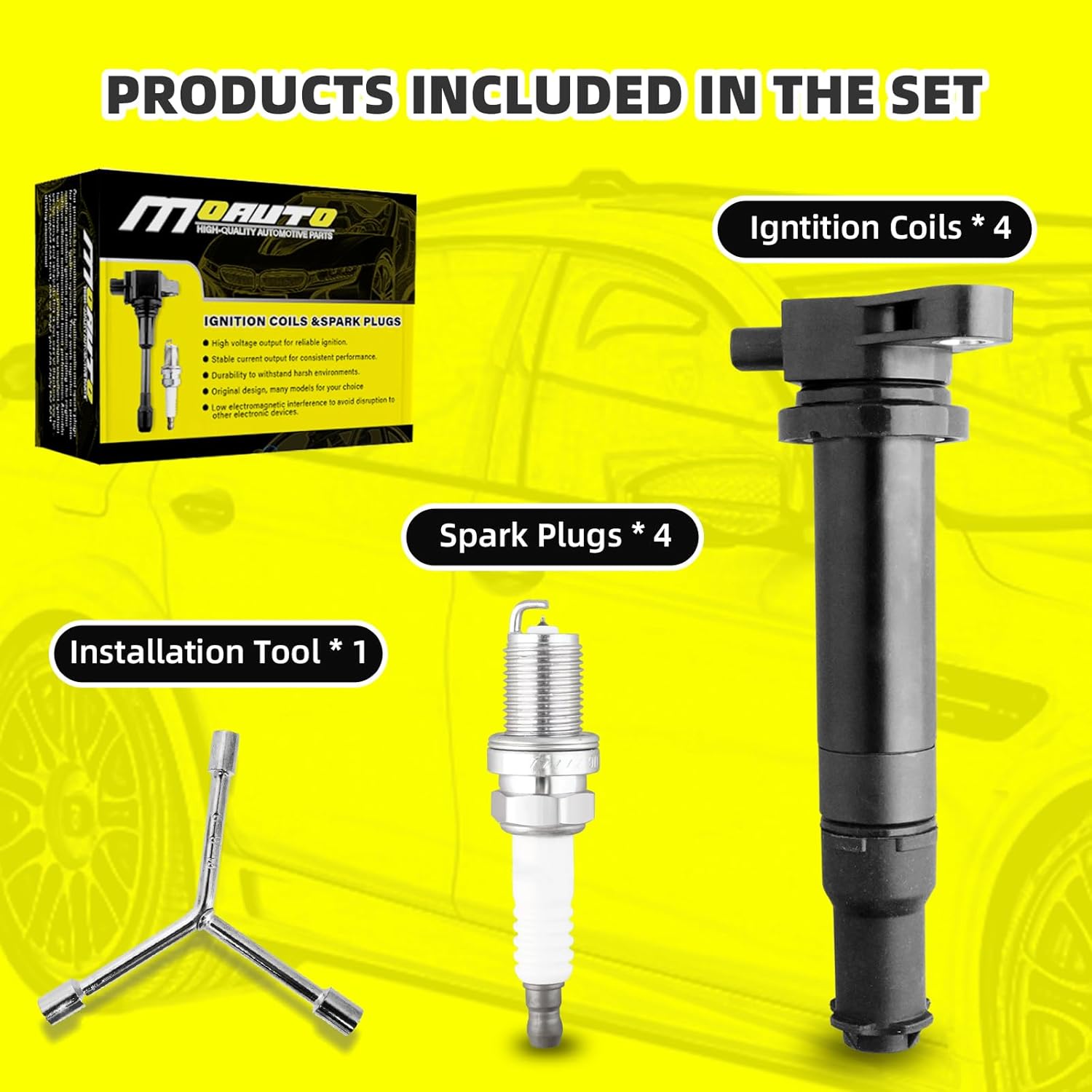 MOAUTO Set of 4 Ignition Coils Pack UF499 27301-26640 & 4 PCS Iridium Spark Plugs Compatible with Hyundai Kia Dodge 2006 2007 2008 2009 2010 2011 Accent Rio Rio5 Attitude 1.6L L4