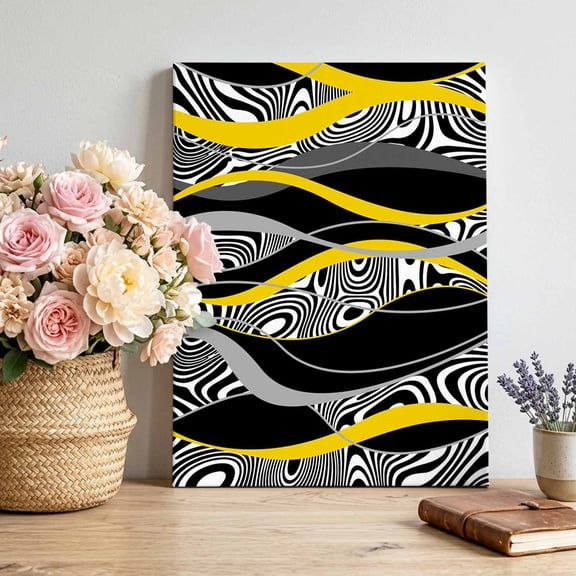 Abstract Art Canvas Wall Art, Yellow Black Gray Lines Psychedelic Gradient Framed Canvas Wall Decor Picture Print Artwork Decorations for Living Room Office Ready to Hang 28" x 22"