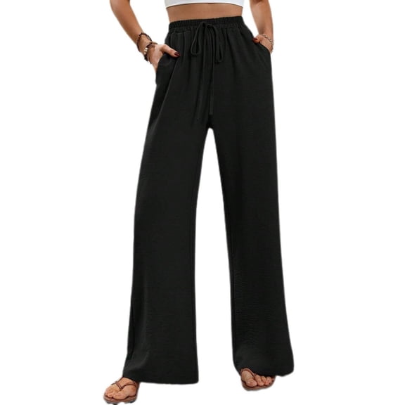 SWSMCLT Women's Palazzo Pants Travel Lounge Beach Long Pleated Summer Casual Trousers High Waisted Pants Black 4-6