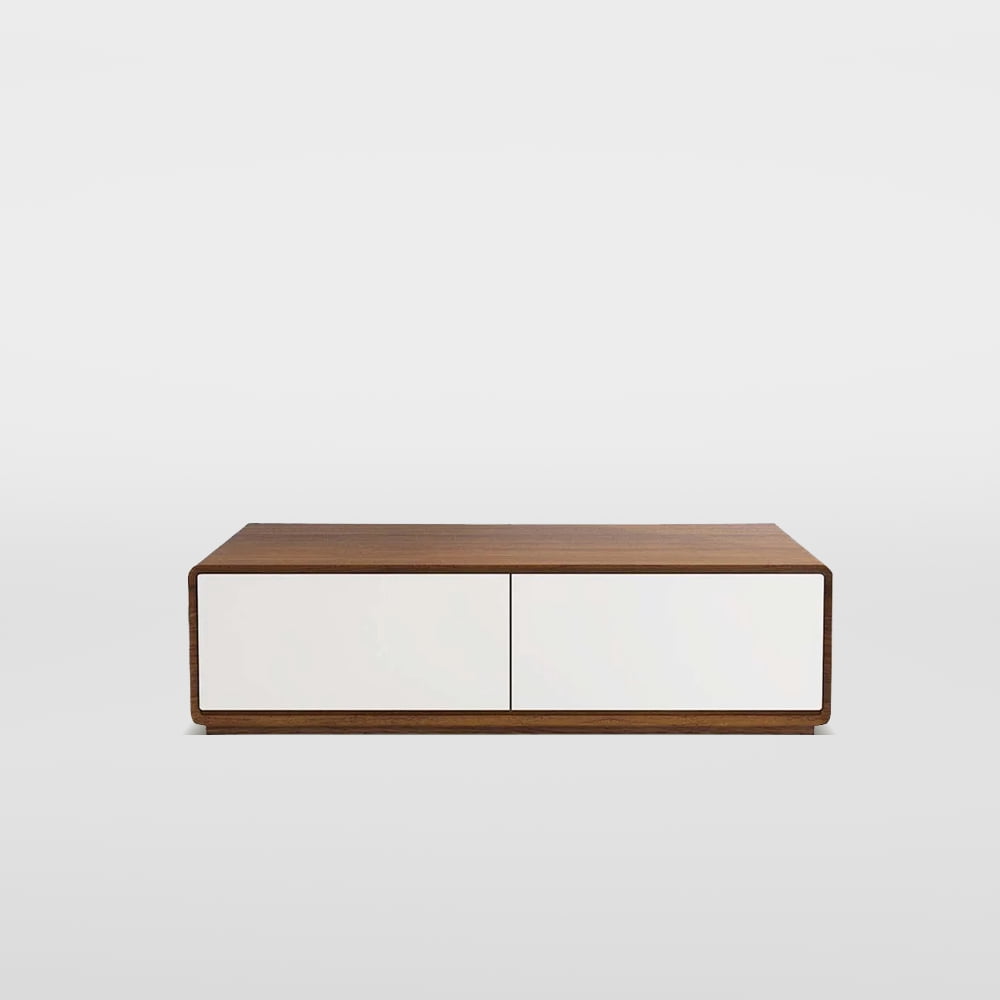 POVISON Modern Rectangular Coffee Table, Wood Coffee Table with Storage, 4 Solid Wood Drawers, Fully-Assembled, 51", Walnut White