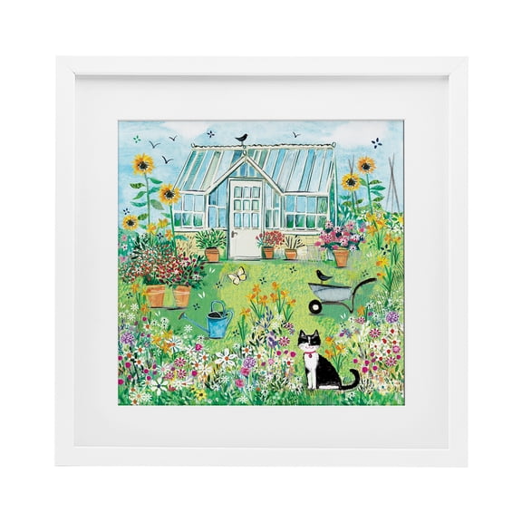Garden Greenhouse & Cat White Framed Print Under Glass, 16 x 16, Made In USA
