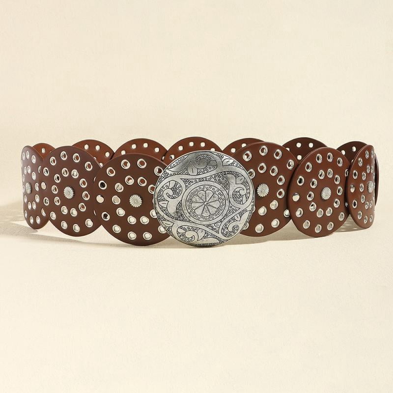 New Handcrafted Y2K Boho Western Concho Belt Tan Leather Silver Medallions OS Stetson Southwestern Tooled Concho Belt – Maverick Fine  main image 3