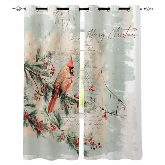 Hokiten Christmas Blackout Curtains | Light Blocking Print Window Curtains, Xmas Birds Botanical Watercolor Berry Thermal Insulated Window Drapes for Living Room Kitchen Cafe (2 Panels, 84"W x 63"L)