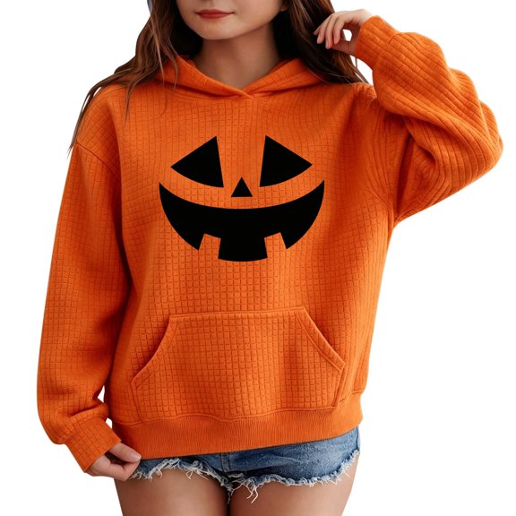 Coerni Girls Hoodie Halloween Jack-O'-Lantern Orange Hooded Pullover Soft Waffle Knit Sweatshirt with Kangaroo Pocket Kids Fall Versatile Top
