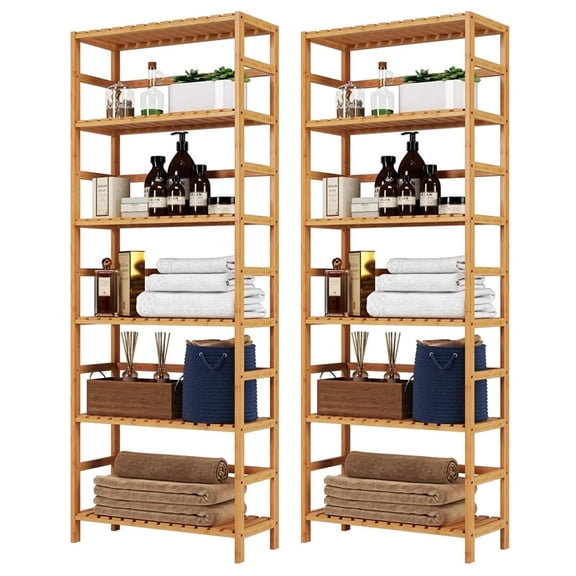 Homfa 6 Tier Bathroom Cabinet, Storage Rack for Bathroom, 63.4''H Tall Shelf Organizer Bamboo Linen Cabinet, 2 PCS, Nature