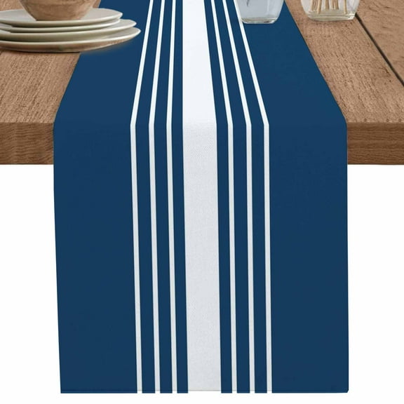 Modern White Striped on Blue Table Runner-70 Inch Long Minimalist Abstract Art Table Runners Linen Burlap Tablerunner for Kitchen Dining Room Holiday Party