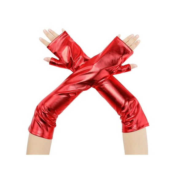 INSPIRE CHIC Women's Faux Leather Long Sleeve Fingerless Gloves Arm Warmers for Cosplay Fashion One Size Red