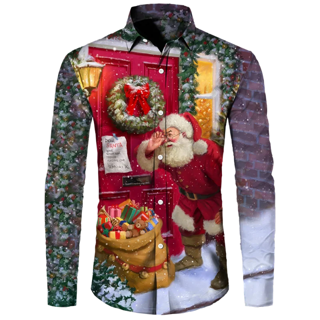 Camisas hawaianas con estampado 3D de Papá Noel de Navidad para hombre, camisetas informales de manga corta/larga con solapa y un solo pecho, ropa de vacaciones de Año Nuevo