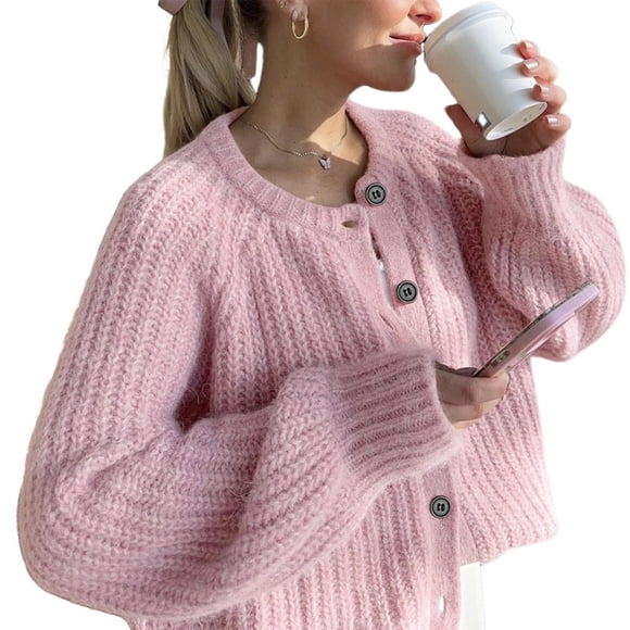 Womens Cropped Cardigan Sweater, Button Long Sleeve Chunky Knit Soft Sweater Fall Open Front Loose Casual Cardigan Coat XL