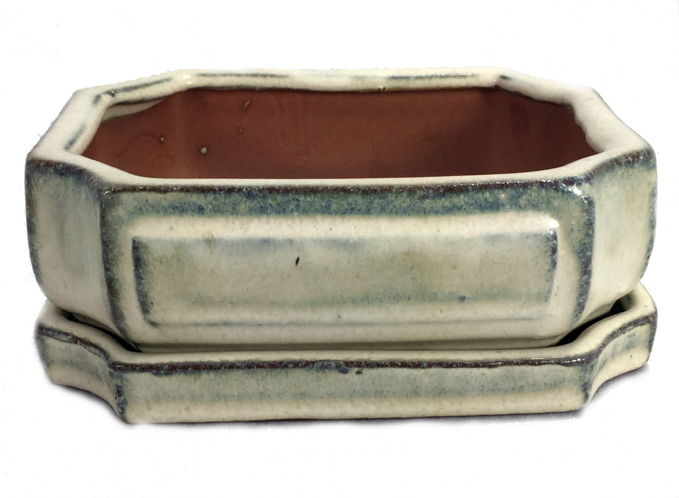 Ceramic 6" Bonsai Pot/Saucer Cream Fancy Rectangle