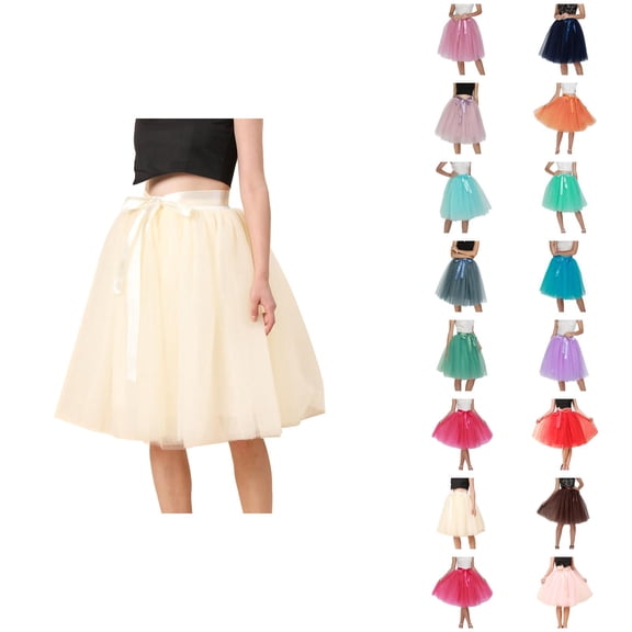 Tulle Skirts for Women Elastic Waist Lace Up Bow Knee Length Layered Mesh Flowy A Line Tutu Skirts Puffy Skirt Fairy Skirt