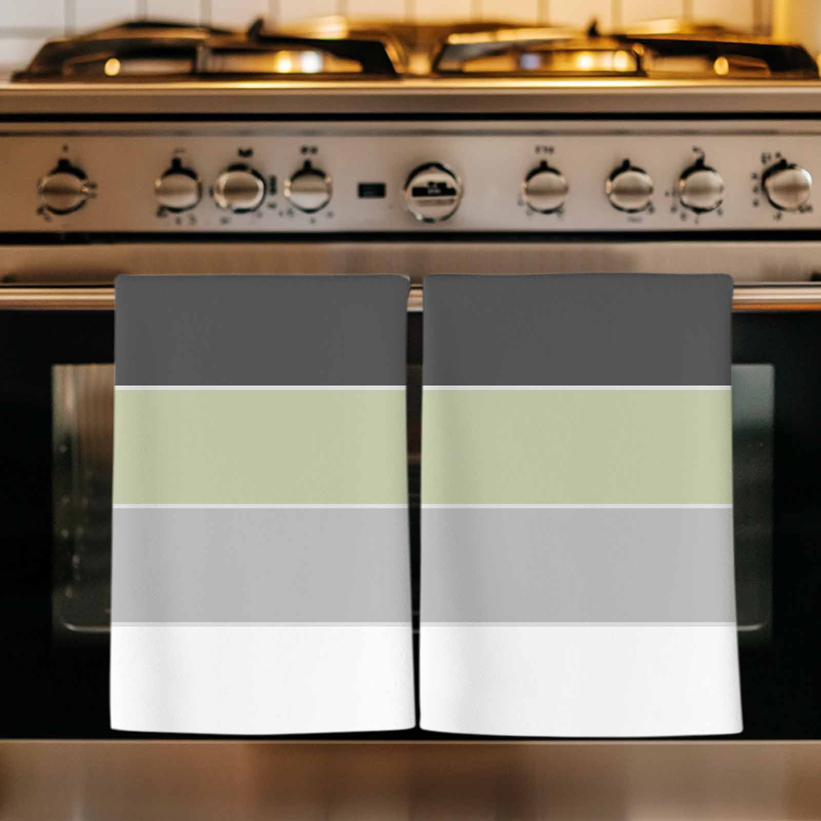 Grey Green Striped Kitchen Towels Set of 2, Farmhouse Modern Soft Microfiber Dish Towels, Absorbent Quick-Dry Washable Dishcloths for Kitchen Cleaning, Drying Dishes, 18x28 Inches