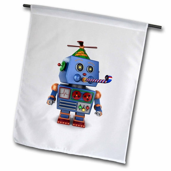 3dRose Vintage toy robot with birthday party hat blowing a party favor celebration cute funny event - Garden Flag, 12 by 18-inch