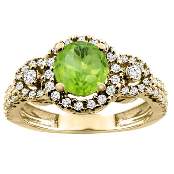 14K Yellow Gold Diamond Halo Natural Peridot Ring Round 6mm, size 6