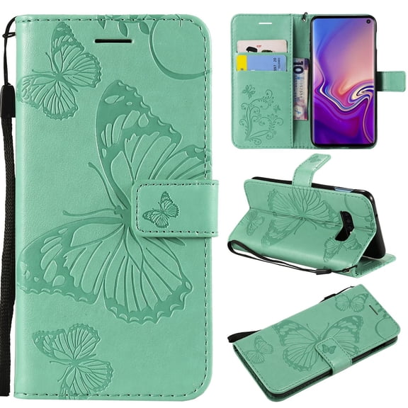S10e Case, Samsung Galaxy S10e Case - Allytech Premium Wallet PU Leather with Fashion Embossed Floral Butterfly Magnetic Clasp Card Holders Flip Cover with Hand Strap, Green