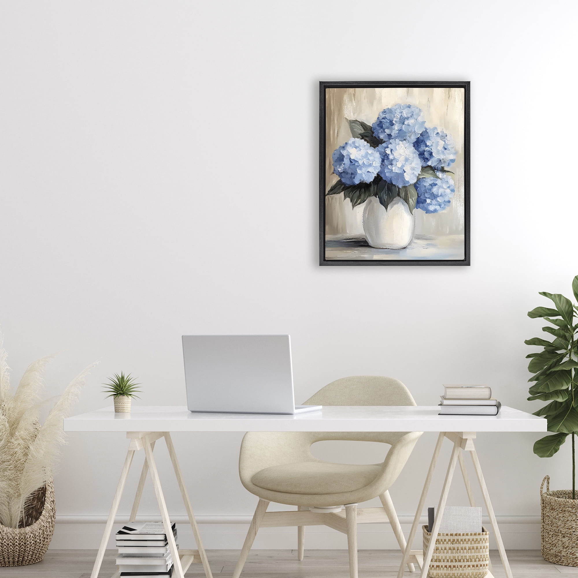 Stupell Industries Painted Hydrangeas in White Vase Black Framed Floater Canvas Wall Art, design by Creative Studio