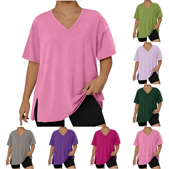 TAGOLD Womens Short Sleeve V-Neck Blouses & Shirts Plus Size Solid Color V Neck Side Slit Short Sleeve Casual Top