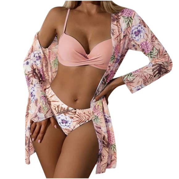 Économies d'Été FY24! WJSXC Maillots de Bain pour Femmes en Liquidation, Mode Décontractée Maillot de Bain Deux Pièces pour Femme Aguichant à Nouer Taille Haute Cristal Aguichant Bikini de Plage Trois Pièces Rose P