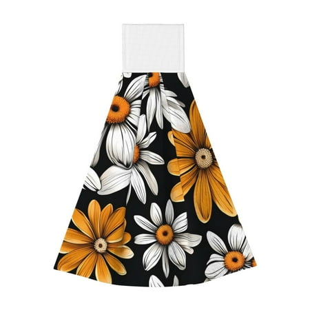 

Qekee Yellow White Daisy Pattern Print Hanging Kitchen Towels Coral Velvet Wipe Hand Towel Absorbent Hand Towels Microfiber Tie Towel for Bathroom Kitchen Decor