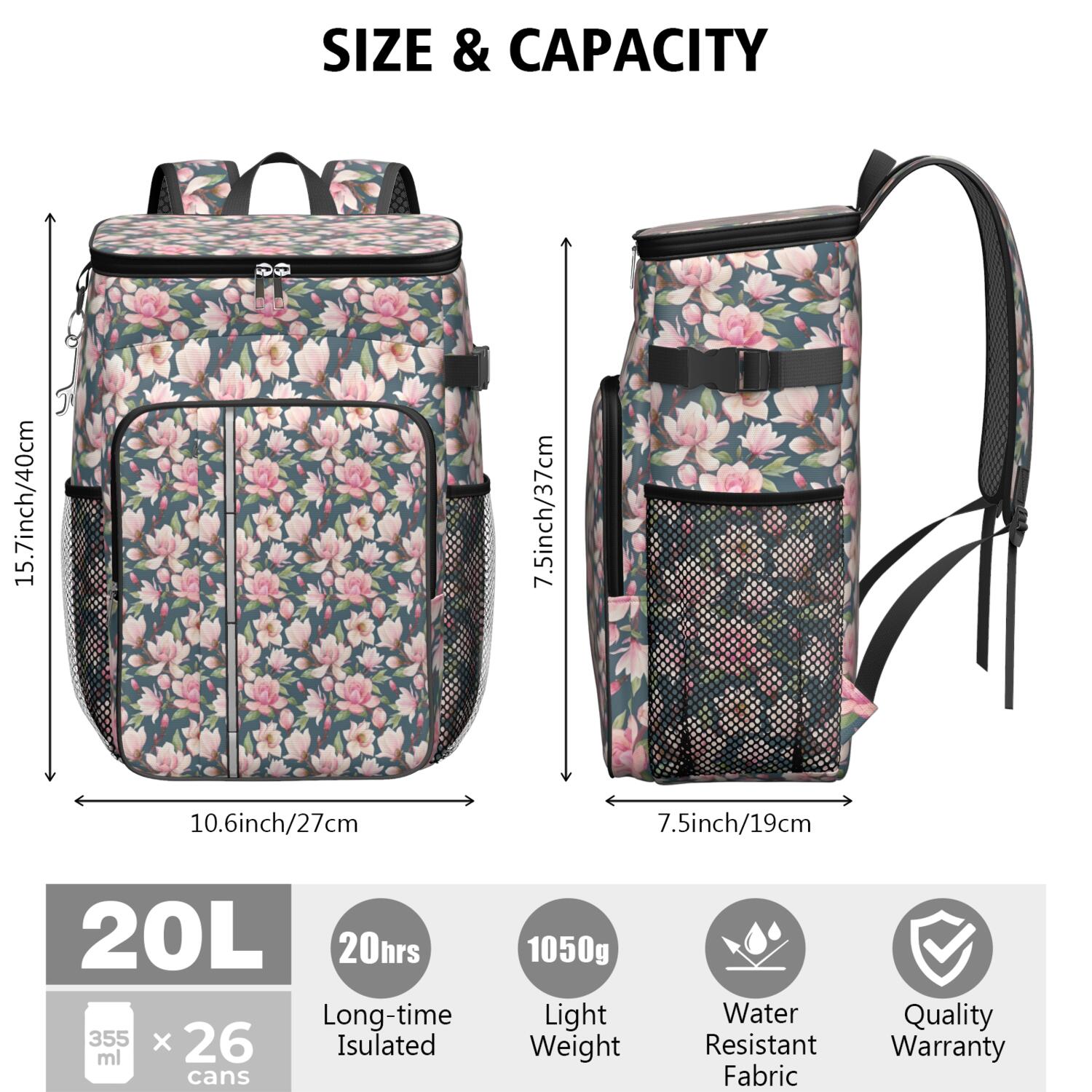 Travel Cooler Bag - Pioneer Flower Floral Print Pattern Camping Beer Cooler Backpack with Bottle Opener- Waterproof Insulated Picnic Backpacks - Cooler Bag for Beach