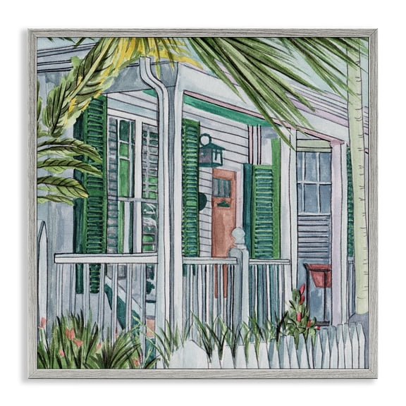 Stupell Industries Coastal Tropical Cottage Porch Gray Framed Giclee Art, 24 x 24, by Melissa Wang