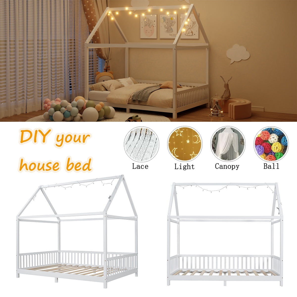 Bellemave Full Size Wood House-Shaped Floor Bed with LED Light and Fence Guardrails, Montessori Floor Bed House Bed Frame with Roof  (Full, White)