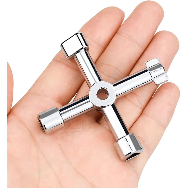 Llave de utilidad de 4 vías Llave de triángulo cruzado multifunción de cuatro vías Llave de gabinete eléctrico universal 4 en 1 para elevadores, gabinetes eléctricos, válvulas (plata) LingWen 9024715524546