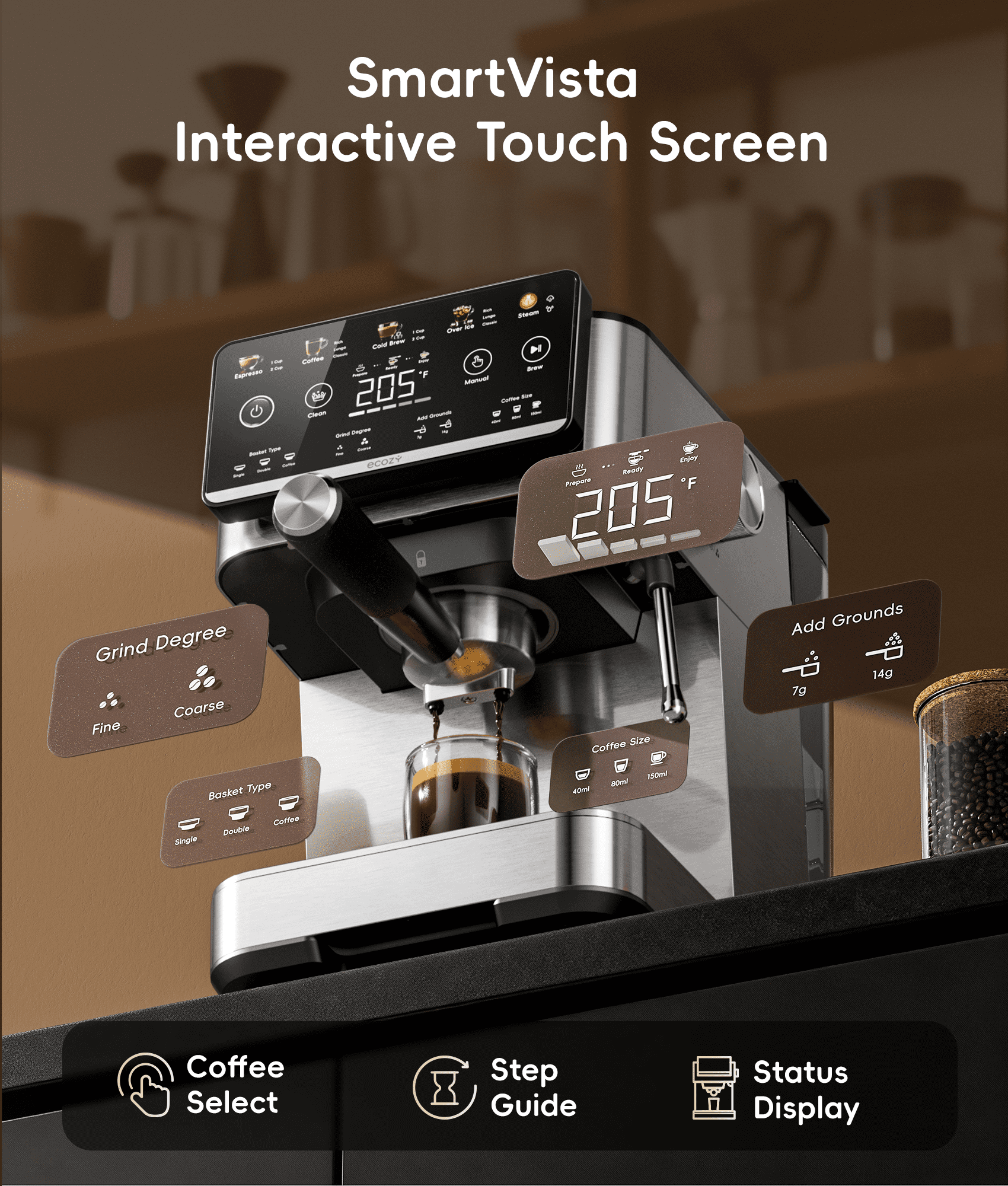 Ecozy Chillio 4 in 1 Espresso and Coffee Maker Combo with Milk Frother, Cold Brew & over Ice, Interactive Touch Screen, for Cappuccinos, Lattes, Americanos