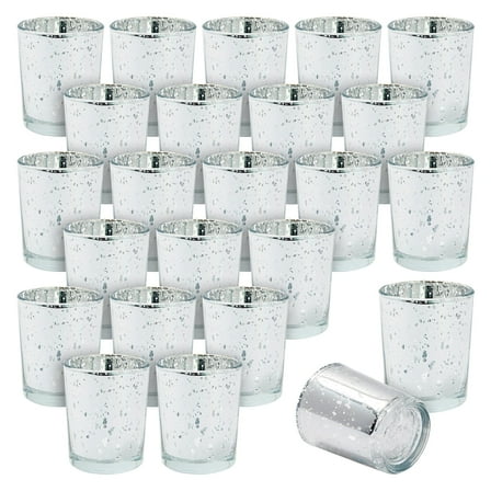 Juvale 24-Pack Silver Mercury Glass Votive Candle Holders - Event & Home Ambience with Tea Lights & Flameless Candles - Glass Votive Holders for Tabletop Displays - 2.6" H x 2.2" W