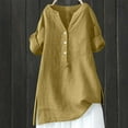 thumbnail image 2 of Women's Casual Button-Up Shirt – Stand Collar, Solid Color, Loose Fit, 3/4 Sleeve Top, Yellow Loose Button Shirt Top Stand Solid Color Sleeve Collar Casual Women's Shirt Women's Shirt, 2 of 4