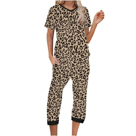 

Azrian Womens Pajamas Suit Clearance Plus Size Pants for Women 2023 Womens Plus Pajamas Sets Short Sleeve V-Neck Top Cropped Pants Print Suit Clearance
