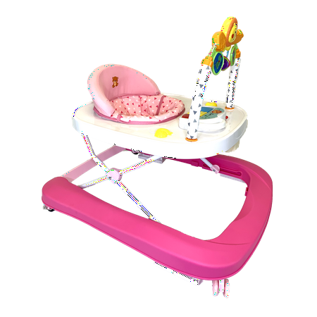 Baby Walker, 2 in 1 Foldable Activity Walk Behind Walker with Adjustable Height & Speed, Friction Control Functions, High Back Padded Seat, Music, Detachable Penguin Play Bar (Pink)