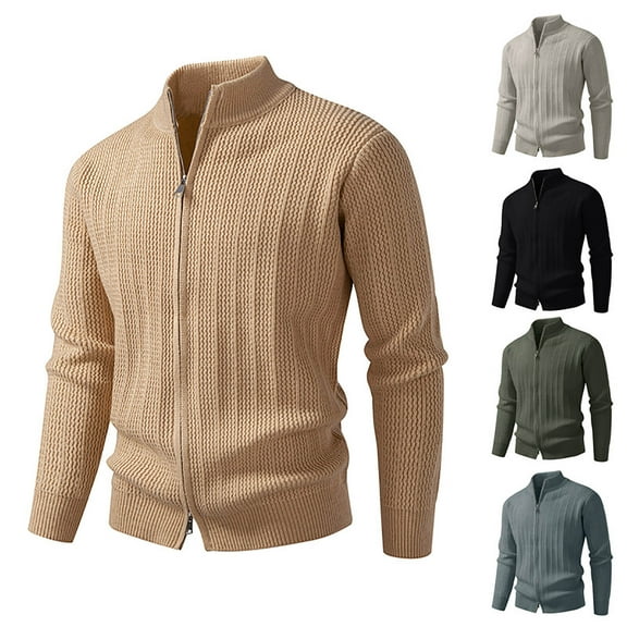 FRSASU Mens Full Zip Cardigan Sweater Casual Slim Fit Knit Sweaters Stand Collar Fall Winter Ribbed Cardigan Khaki