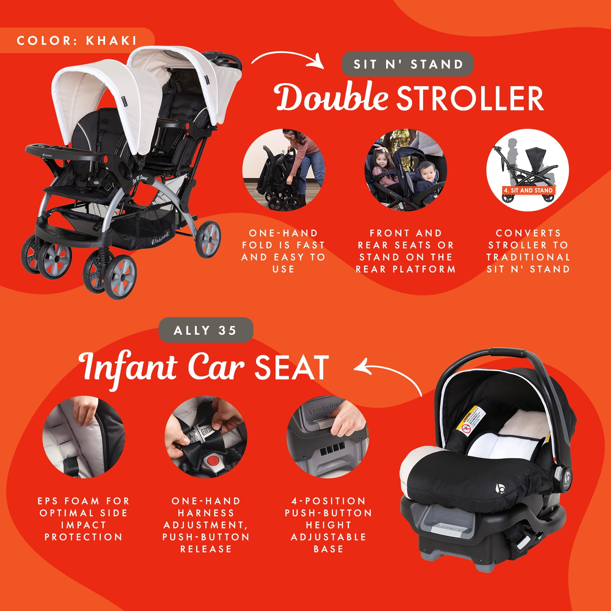 Baby Trend Double Stroller w/ Infant Car Seats, Sit N' Stand & Ally 35, Khaki, Combo