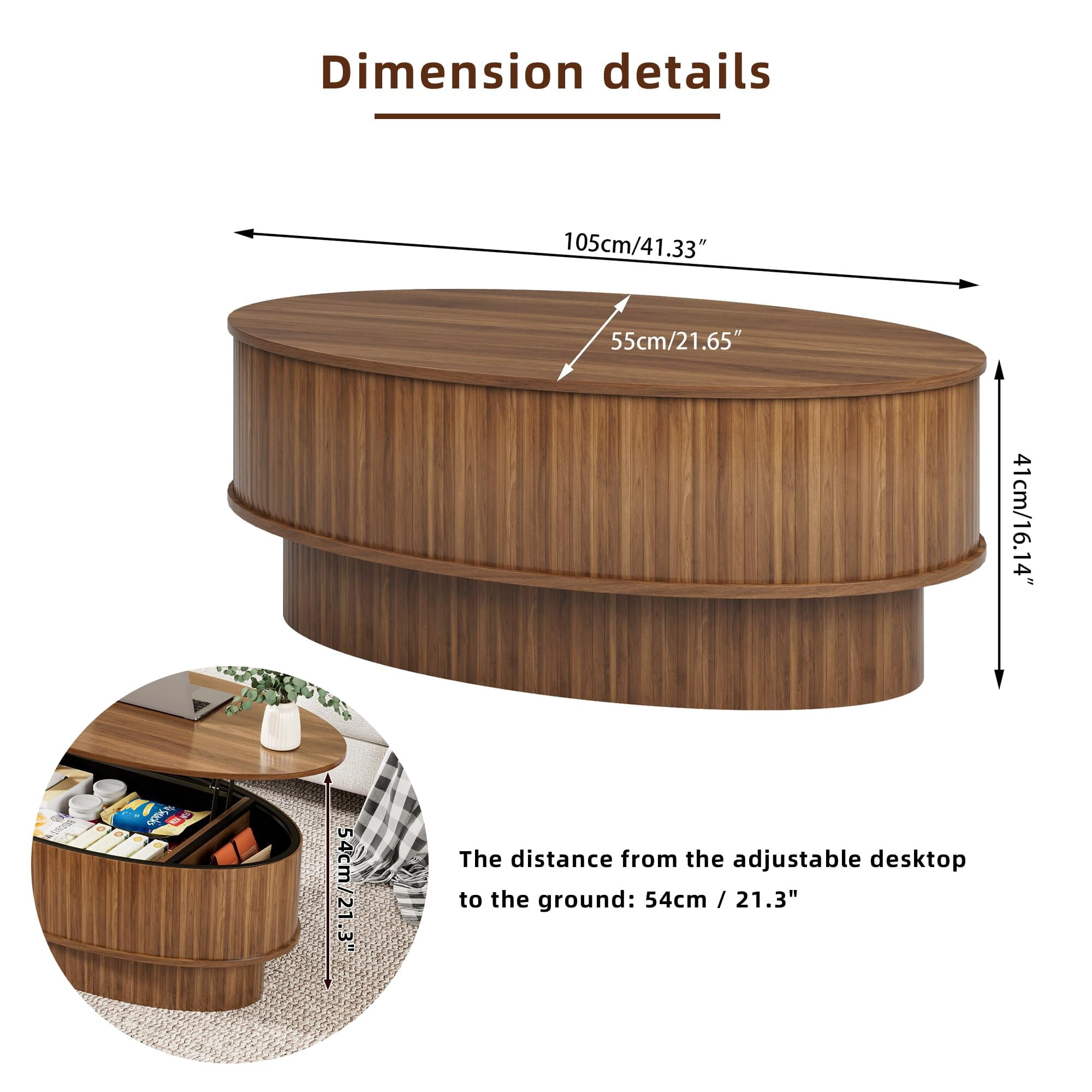JEJEGORICH Oval Lift Top Coffee Table with Hidden Storage, 41 in Wooden Mid Century Modern Living Room Center Table, Walnut