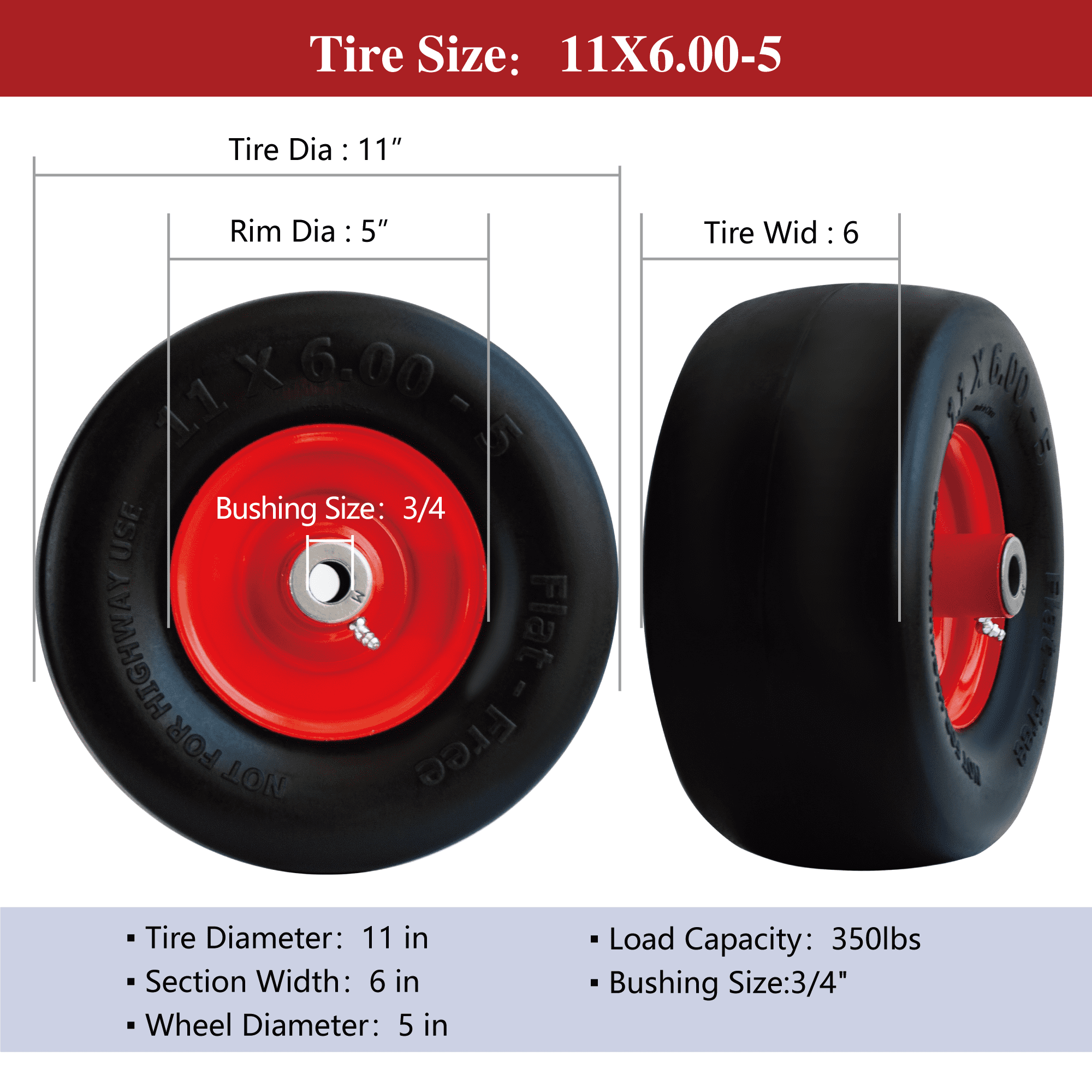 Hi-Run Smooth 11X6.00-5 Flat Free Lawn Mower Tire & Wheel Assembly 3/4" Bushing