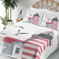 thumbnail image 3 of Lighthouse Sheet Set, Lighthouse and Seagulls on the Beach Navigational Aid Seaside Waterways Art, Fitted and Flat Sheet Pillowcases Bedding Accent 4 Piece Set, King, Red Grey White, by Ambesonne, 3 of 5