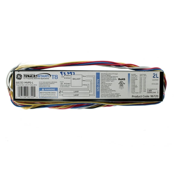 GE Lighting 96720 GE232-MVPS-L 120/277-Volt UltraStart Electronic Fluorescent T8 Programmed Rapid Start Ballast 2 or 1 F32T8 Lamps