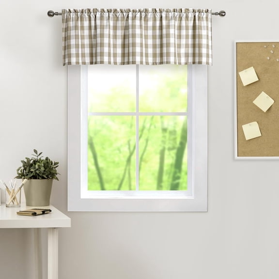 Buffalo Plaid Valance Farmhouse Kitchen Curtain Linen White Sheer Check Rod Pocket Rustic Window Treatment for Living Room Kitchen,1 Panel,55''''x15'''',Linen and White