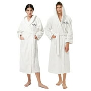 AW BRIDAL Hooded Cotton Robe Turkish Terry Cloth Bathrobe Hotel Spa Loungewear Lightweight, White Wifey/Hubby