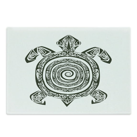 Turtle Cutting Board, Maori Tattoo Style of Sea Animal Tribal Spiral Form Tropical, Decorative Tempered Glass Cutting and Serving Board, Large Size, Black and White, by Ambesonne