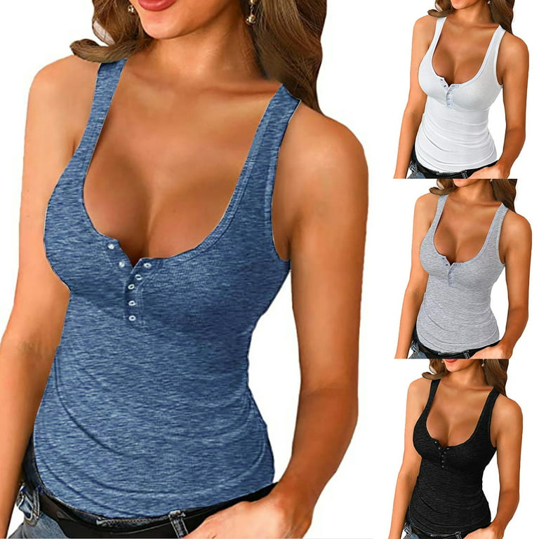 Setben Sexy Women Vest Solid Color Sleeveless Buttons Low Cut Knitted Slim  Tank Top T-shirt for Sports,White L